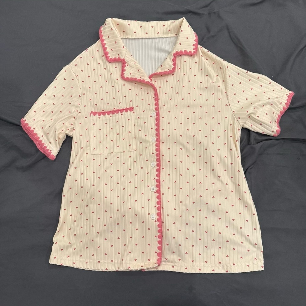 Coquette Aesthetic Ribbed Heart Pajamas Shorts Set with Scalloped Trim-Medium - Picture 7 of 14